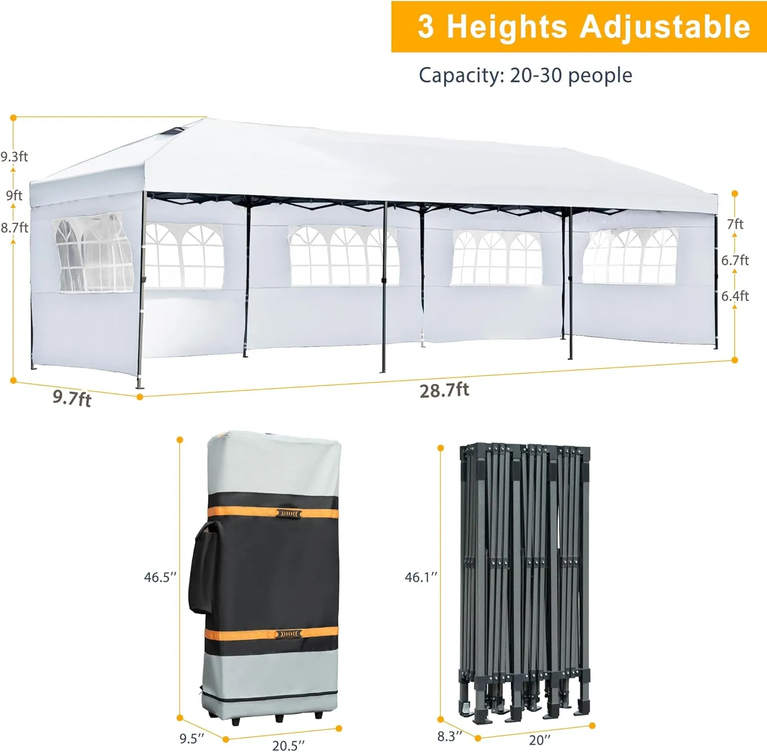 10x30 Pop-Up Canopy with Sidewalls, Heavy Duty Outdoor Party Tent with Wheeled Bag, for Patio, Wedding, Backyard (White)