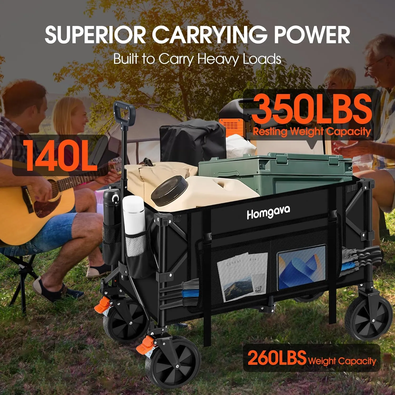 140L Collapsible Folding Wagon Cart with 350LBS Resting Weight Capacity, Heavy Duty Garden Cart with All-Terrain&Brake Wheel, Utility Wagon with Side Pocket for Camping,Shopping,Sports,Black