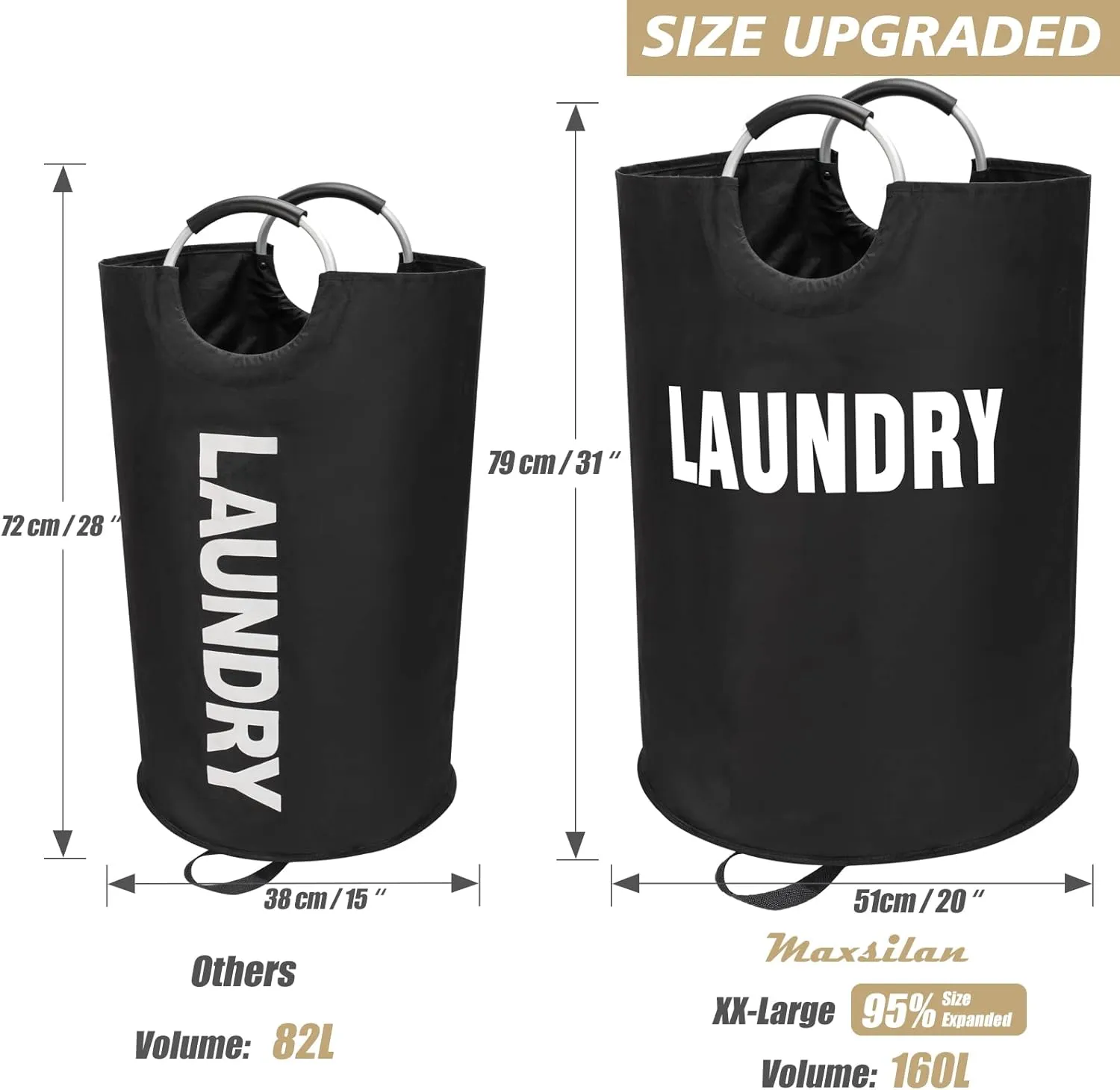 160L XX-Large Laundry Basket, Freestanding Tall Clothes Hamper, Collapsible Laundry Bag, Waterproof with Foam Protected Aluminum Handles for College Dorm, Family,Black