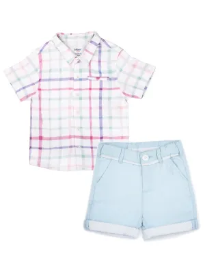 2-Piece Checkered Watercolour Shirt & Sky Blue Oxford Shorts Set