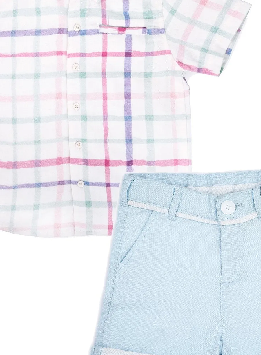 2-Piece Checkered Watercolour Shirt & Sky Blue Oxford Shorts Set