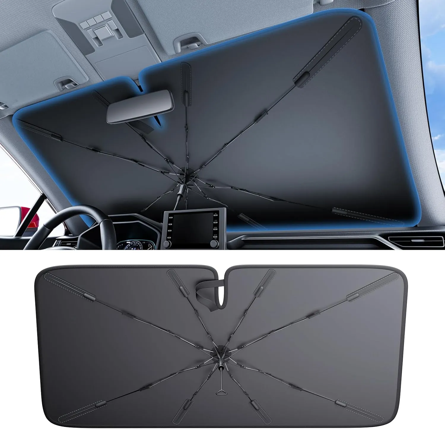 2025 Ice-Shield Car Windshield Sun Shade [100% Sun Block, 4th-Gen Cooling Tech] Reflective Heat Insulation, Portable Foldable Front Window Sunshade for Sedans/SUVs - Universal Fit 57"x32"
