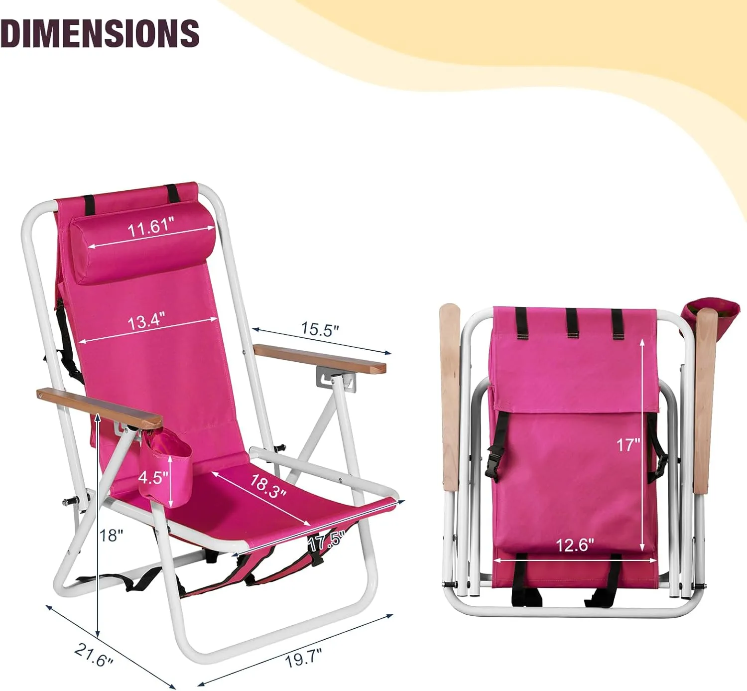 2pcs Folding Beach Chair for Adults, 4 Position Portable Backpack Foldable Camping Chair with Headrest Cup Holder and Wooden Armrests, Pink, Rose