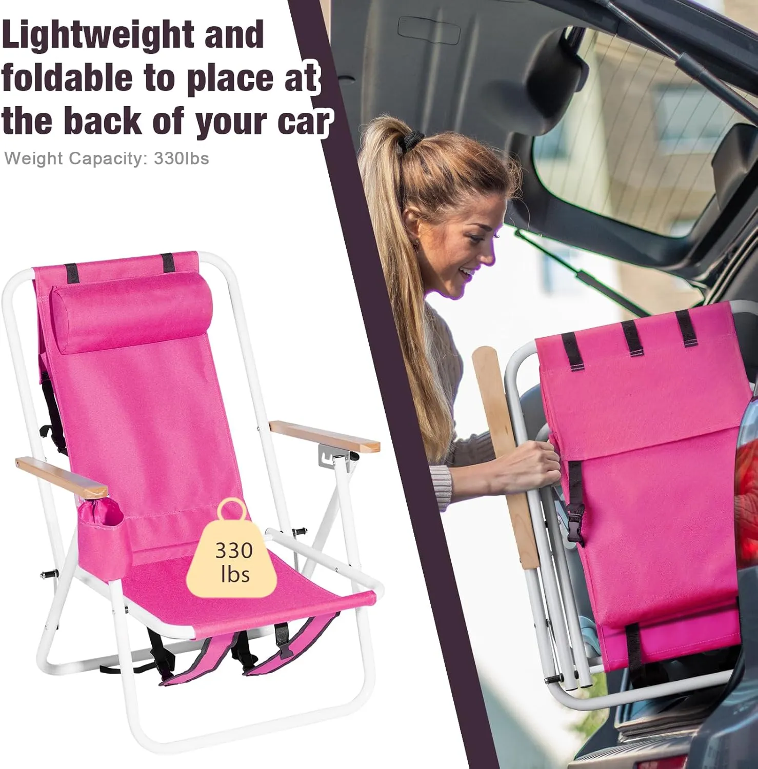 2pcs Folding Beach Chair for Adults, 4 Position Portable Backpack Foldable Camping Chair with Headrest Cup Holder and Wooden Armrests, Pink, Rose