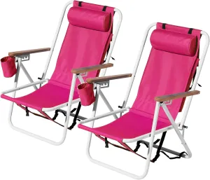 2pcs Folding Beach Chair for Adults, 4 Position Portable Backpack Foldable Camping Chair with Headrest Cup Holder and Wooden Armrests, Pink, Rose