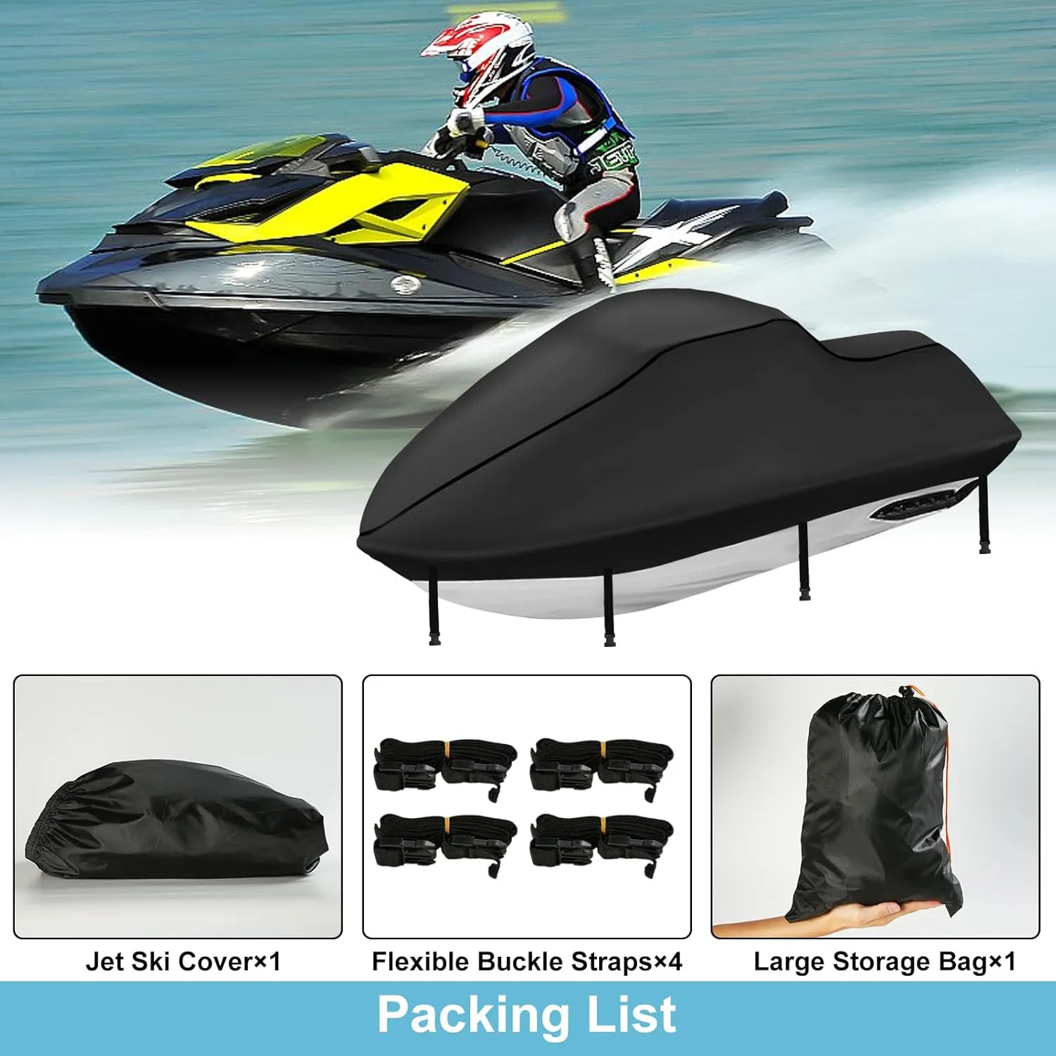 3 Seater Jet Ski Cover, Upgraded Heavy Duty 420D Jetski Covers Waterproof with 2 Air Vent Marine Grade UV Resistant Fits Seadoo,Yamaha, Kawasaki,Waverunner Polaris from 115" to 120"(Black)