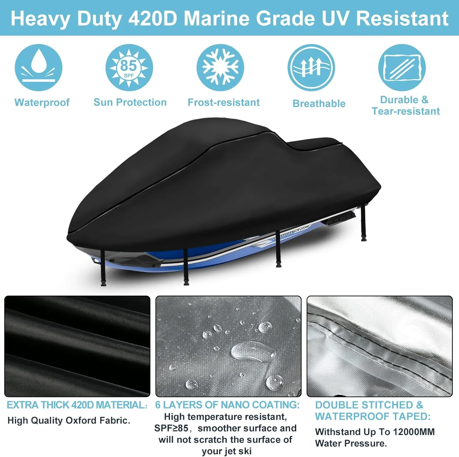 3 Seater Jet Ski Cover, Upgraded Heavy Duty 420D Jetski Covers Waterproof with 2 Air Vent Marine Grade UV Resistant Fits Seadoo,Yamaha, Kawasaki,Waverunner Polaris from 115" to 120"(Black)