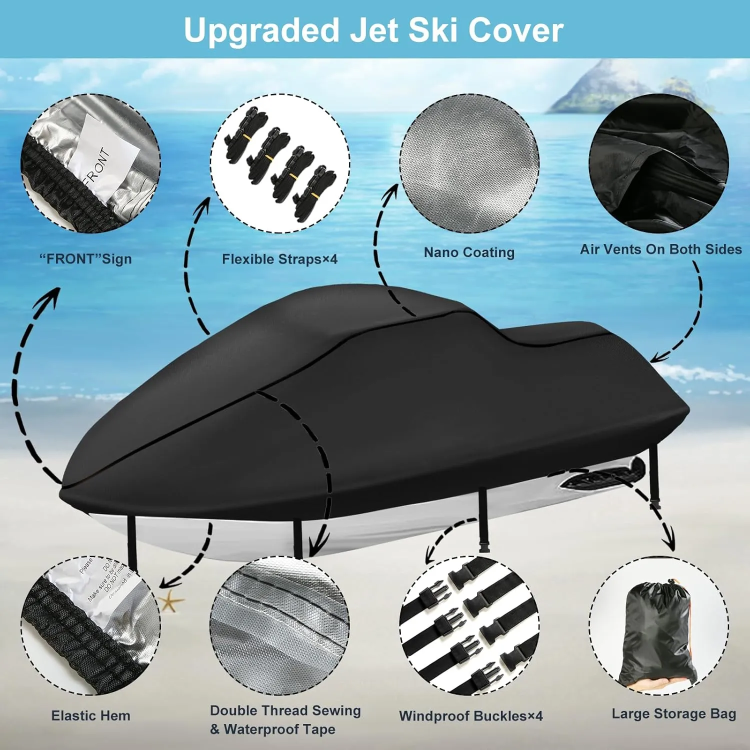 3 Seater Jet Ski Cover, Upgraded Heavy Duty 420D Jetski Covers Waterproof with 2 Air Vent Marine Grade UV Resistant Fits Seadoo,Yamaha, Kawasaki,Waverunner Polaris from 115" to 120"(Black)