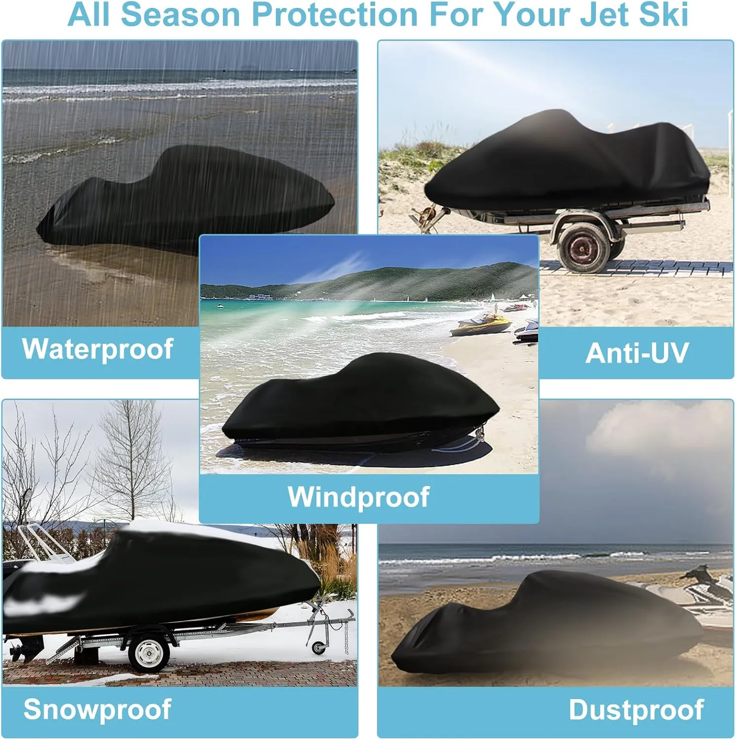3 Seater Jet Ski Cover, Upgraded Heavy Duty 420D Jetski Covers Waterproof with 2 Air Vent Marine Grade UV Resistant Fits Seadoo,Yamaha, Kawasaki,Waverunner Polaris from 115" to 120"(Black)