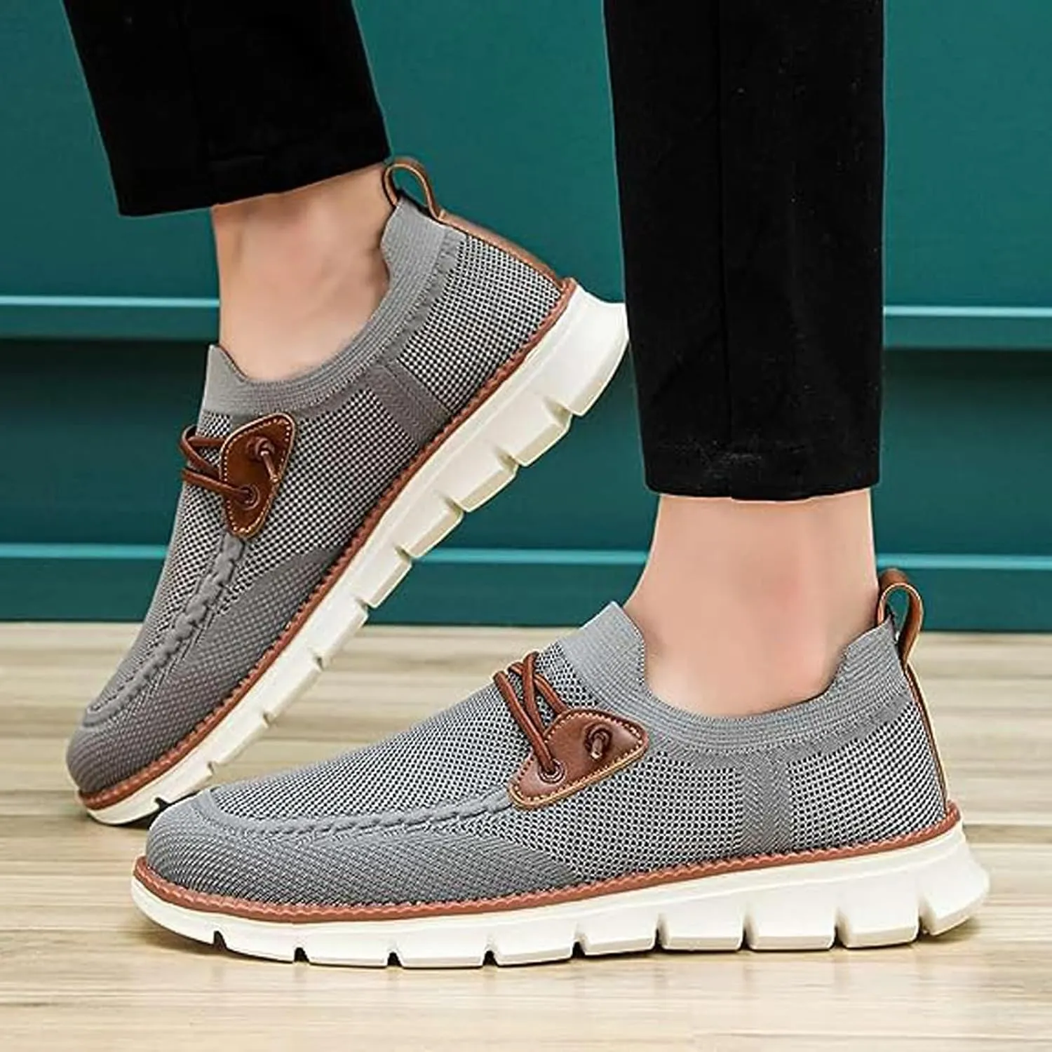 AMAZIDEAL Men's Knited Mesh Barefoot Shoes Casual Lace Up Walking Sneakers Comfortable Slip On Lightweight Breathable Driving Loafer