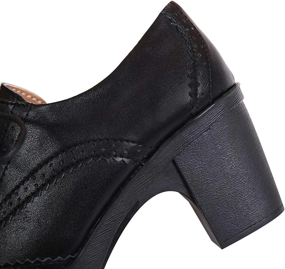 ANUFER Women's Block Heel Lace-Up Brogues Derby Shoes Pumps Dress Shoes