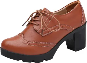 ANUFER Women's Block Heel Lace-Up Brogues Derby Shoes Pumps Dress Shoes