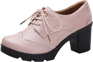 ANUFER Women's Block Heel Lace-Up Brogues Derby Shoes Pumps Dress Shoes
