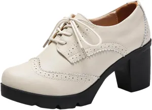 ANUFER Women's Block Heel Lace-Up Brogues Derby Shoes Pumps Dress Shoes