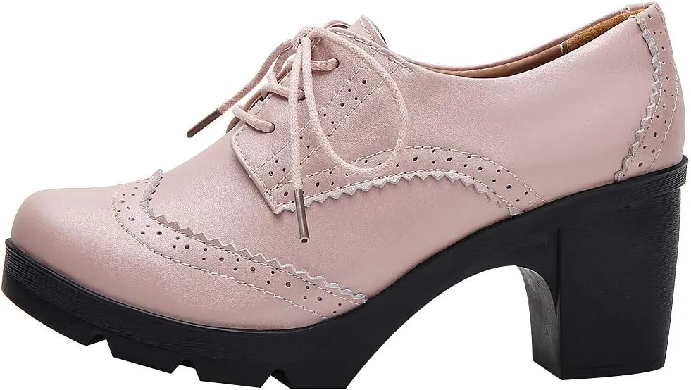 ANUFER Women's Block Heel Lace-Up Brogues Derby Shoes Pumps Dress Shoes