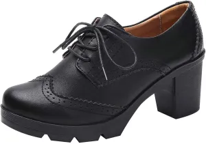 ANUFER Women's Block Heel Lace-Up Brogues Derby Shoes Pumps Dress Shoes