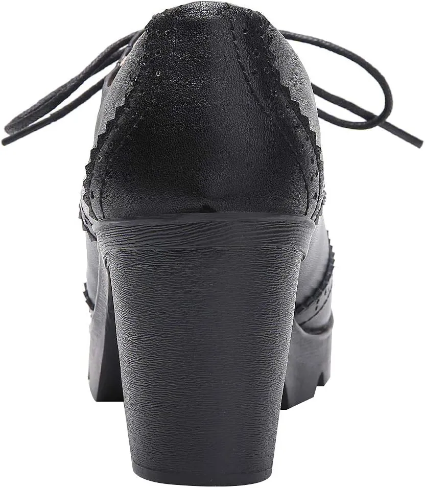 ANUFER Women's Block Heel Lace-Up Brogues Derby Shoes Pumps Dress Shoes