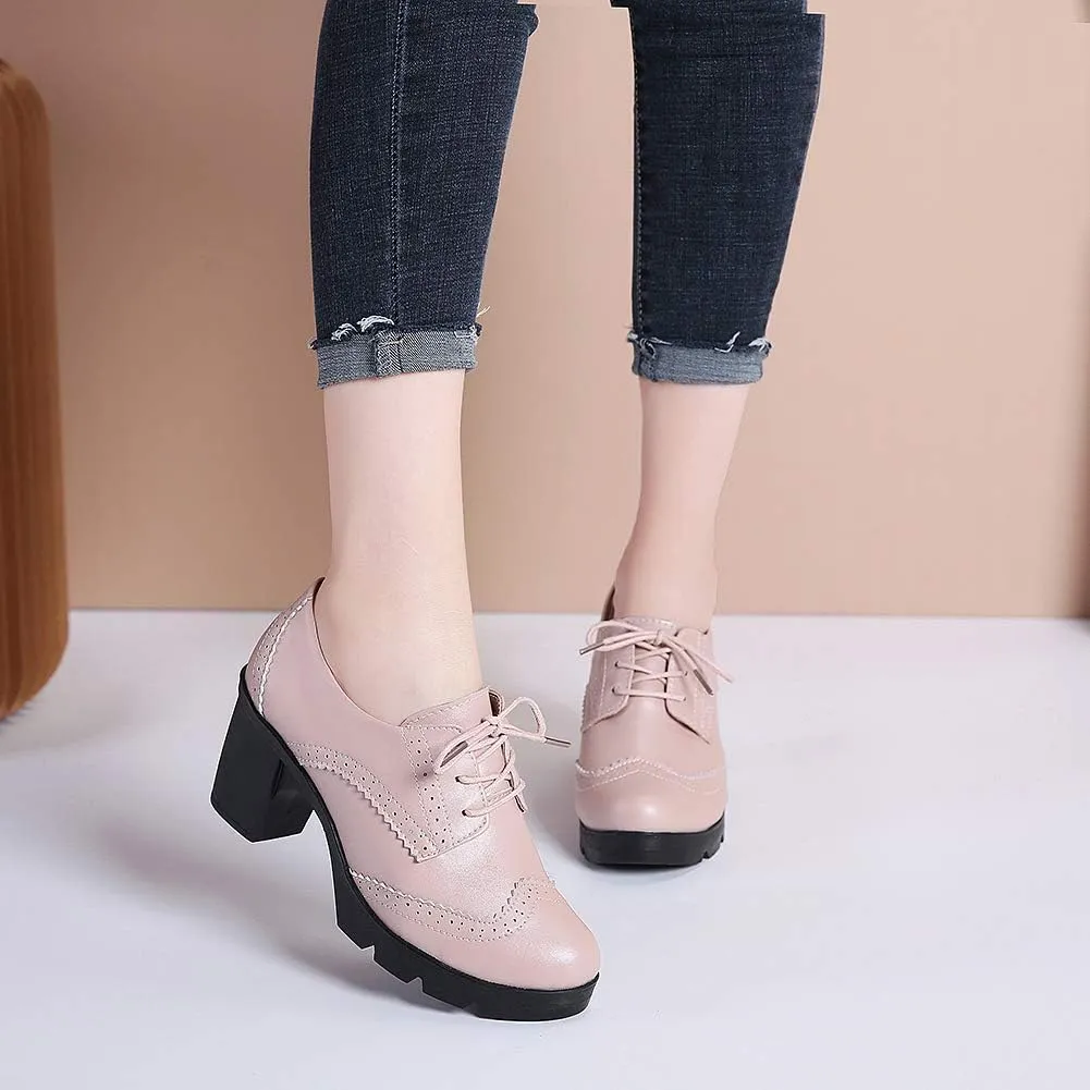 ANUFER Women's Block Heel Lace-Up Brogues Derby Shoes Pumps Dress Shoes