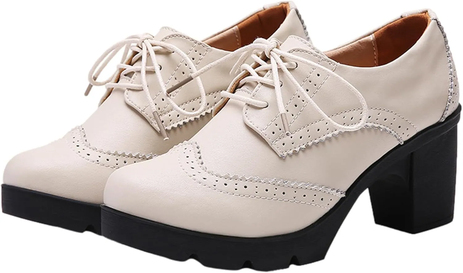 ANUFER Women's Block Heel Lace-Up Brogues Derby Shoes Pumps Dress Shoes