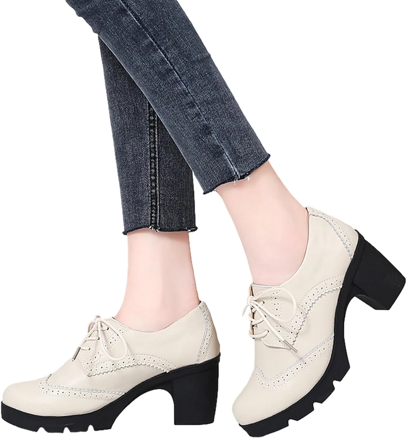 ANUFER Women's Block Heel Lace-Up Brogues Derby Shoes Pumps Dress Shoes