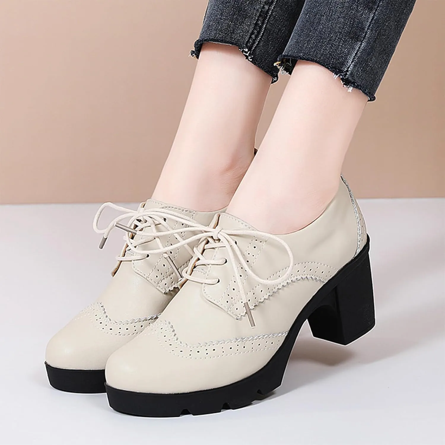 ANUFER Women's Block Heel Lace-Up Brogues Derby Shoes Pumps Dress Shoes