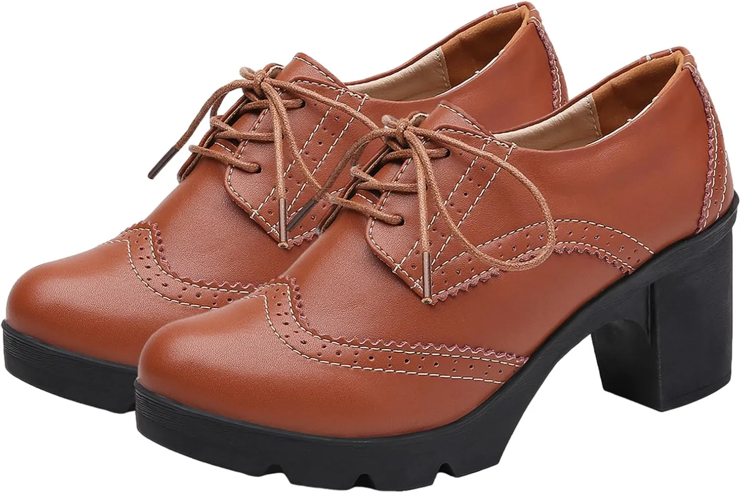 ANUFER Women's Block Heel Lace-Up Brogues Derby Shoes Pumps Dress Shoes