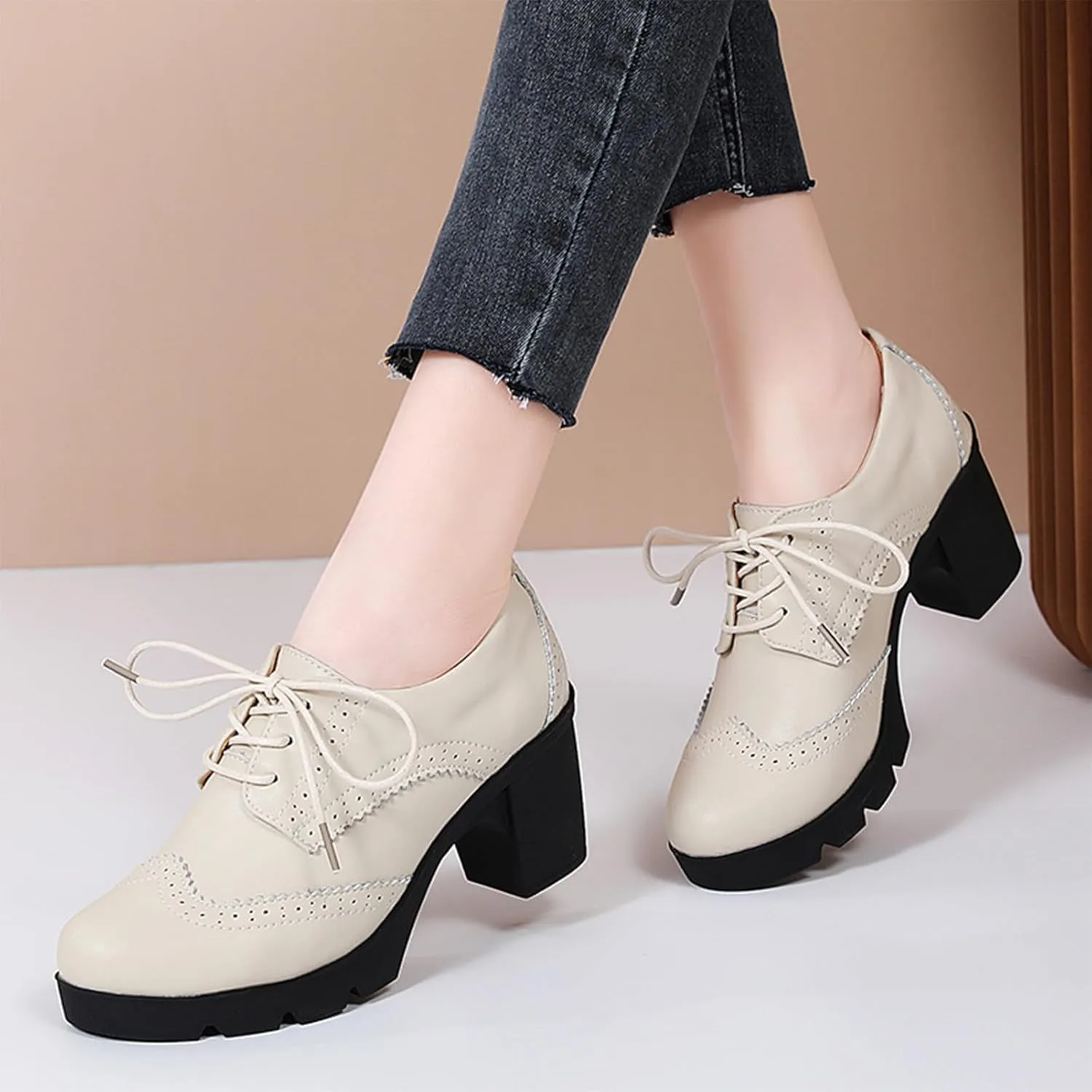 ANUFER Women's Block Heel Lace-Up Brogues Derby Shoes Pumps Dress Shoes