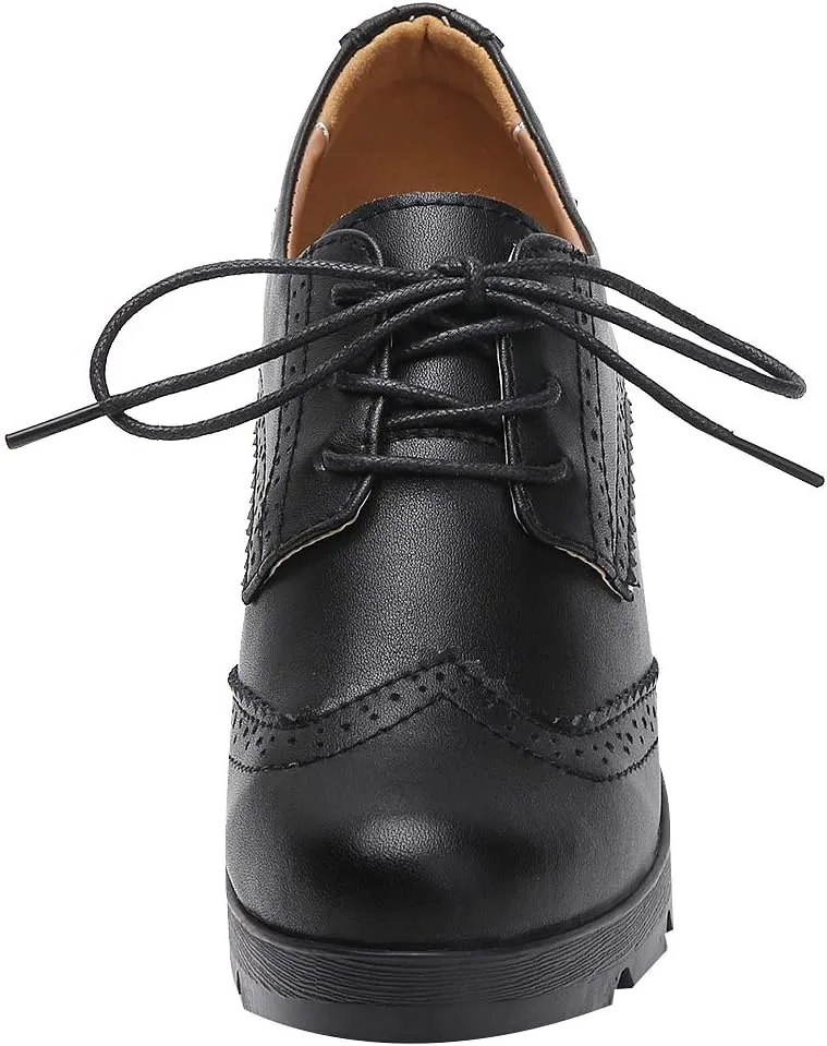 ANUFER Women's Block Heel Lace-Up Brogues Derby Shoes Pumps Dress Shoes