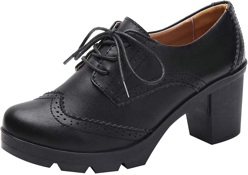 ANUFER Women's Block Heel Lace-Up Brogues Derby Shoes Pumps Dress Shoes