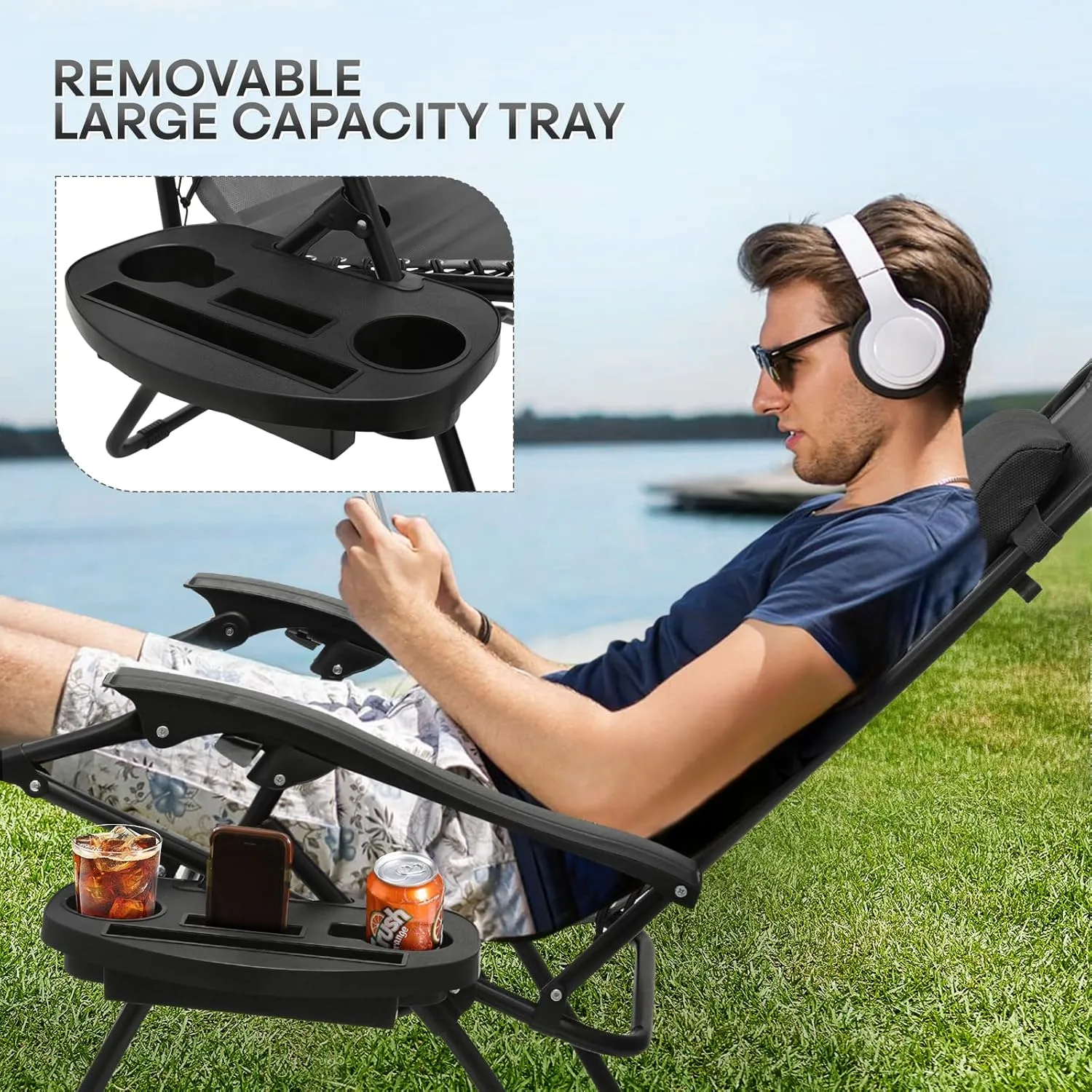 Athena Collection Zero Gravity Chair, Outdoor Lounge Chair with Adjustable Pillow and Cup Holder, Reclining Camping Chair for Outside Beach Lawn Garden Patio Poolside Set of 2 - Black
