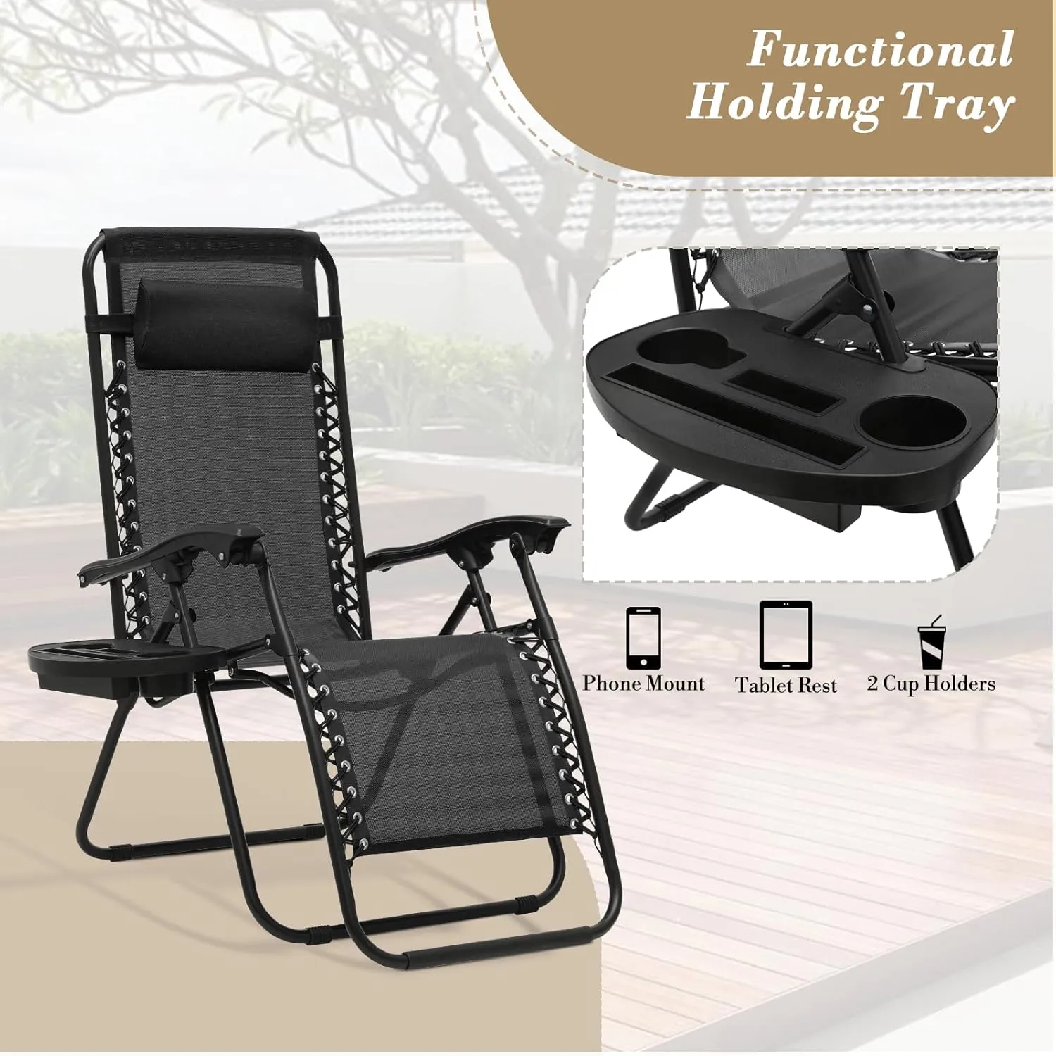 Athena Collection Zero Gravity Chair, Outdoor Lounge Chair with Adjustable Pillow and Cup Holder, Reclining Camping Chair for Outside Beach Lawn Garden Patio Poolside Set of 2 - Black