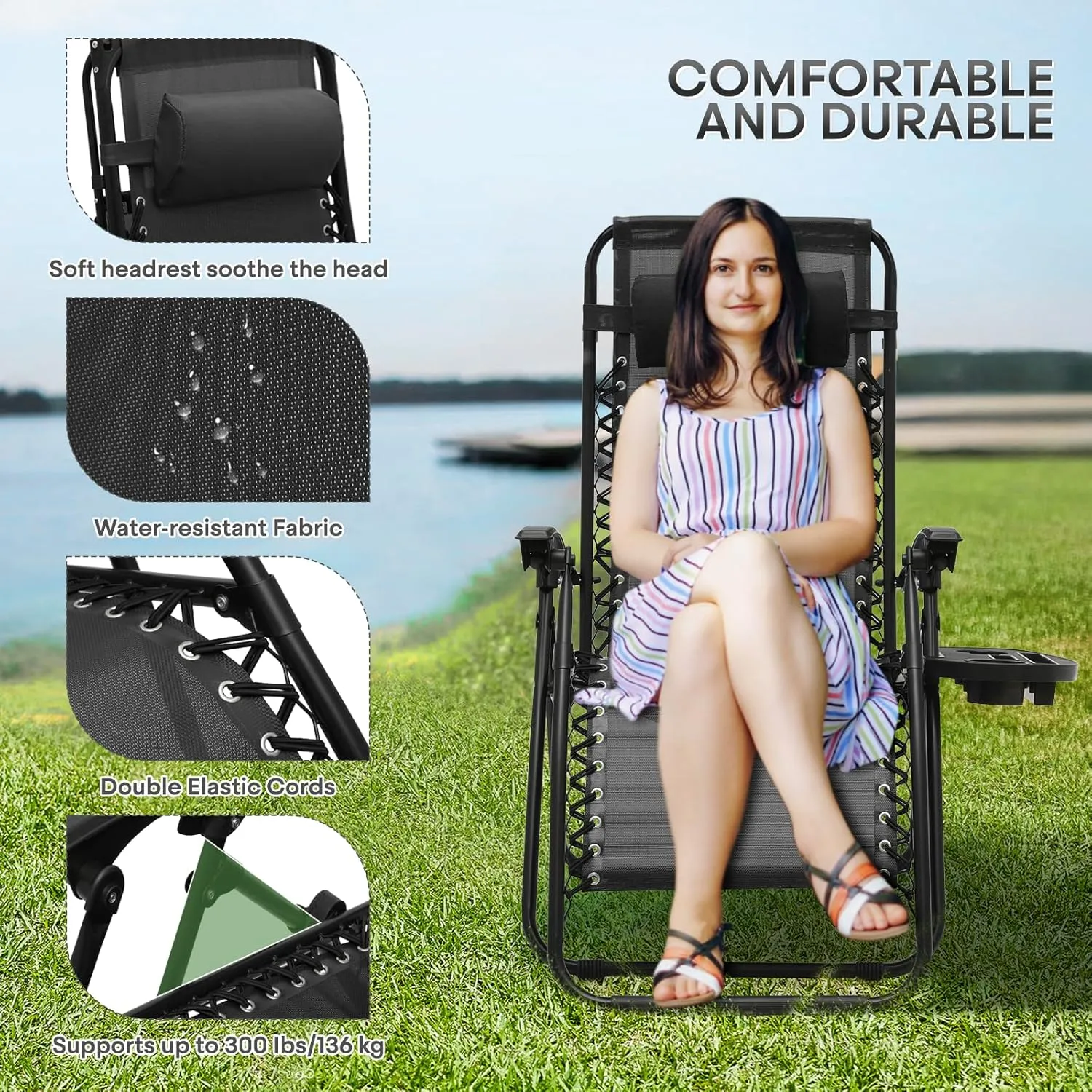 Athena Collection Zero Gravity Chair, Outdoor Lounge Chair with Adjustable Pillow and Cup Holder, Reclining Camping Chair for Outside Beach Lawn Garden Patio Poolside Set of 2 - Black