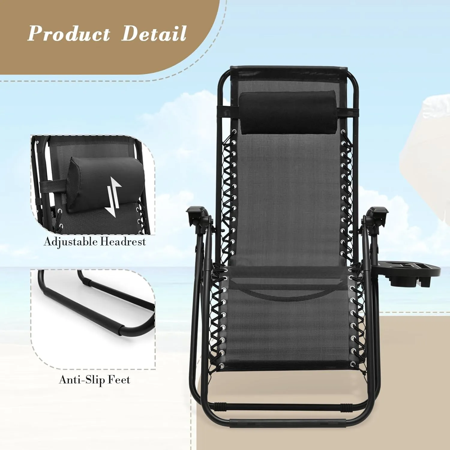 Athena Collection Zero Gravity Chair, Outdoor Lounge Chair with Adjustable Pillow and Cup Holder, Reclining Camping Chair for Outside Beach Lawn Garden Patio Poolside Set of 2 - Black