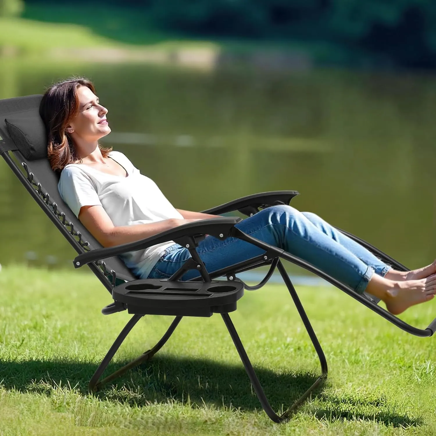 Athena Collection Zero Gravity Chair, Outdoor Lounge Chair with Adjustable Pillow and Cup Holder, Reclining Camping Chair for Outside Beach Lawn Garden Patio Poolside Set of 2 - Black