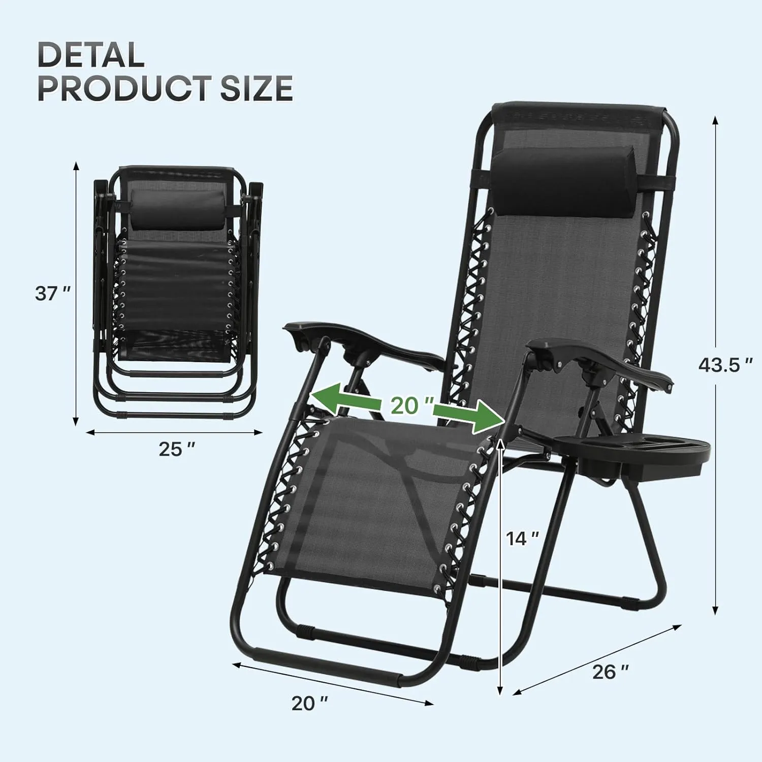 Athena Collection Zero Gravity Chair, Outdoor Lounge Chair with Adjustable Pillow and Cup Holder, Reclining Camping Chair for Outside Beach Lawn Garden Patio Poolside Set of 2 - Black