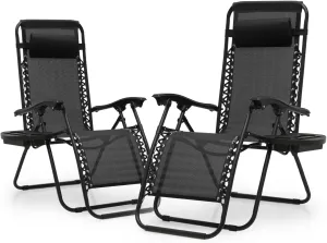 Athena Collection Zero Gravity Chair, Outdoor Lounge Chair with Adjustable Pillow and Cup Holder, Reclining Camping Chair for Outside Beach Lawn Garden Patio Poolside Set of 2 - Black