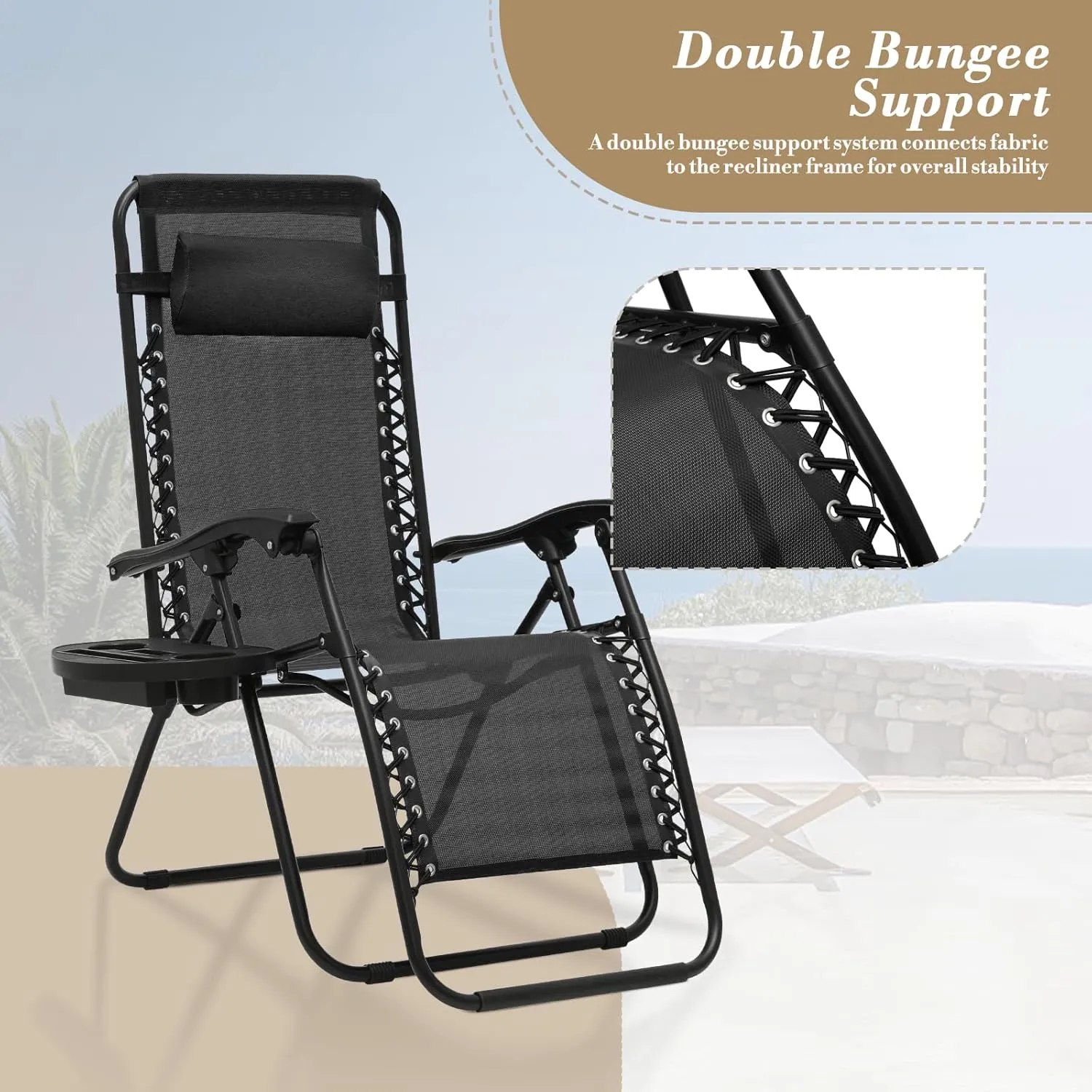 Athena Collection Zero Gravity Chair, Outdoor Lounge Chair with Adjustable Pillow and Cup Holder, Reclining Camping Chair for Outside Beach Lawn Garden Patio Poolside Set of 2 - Black