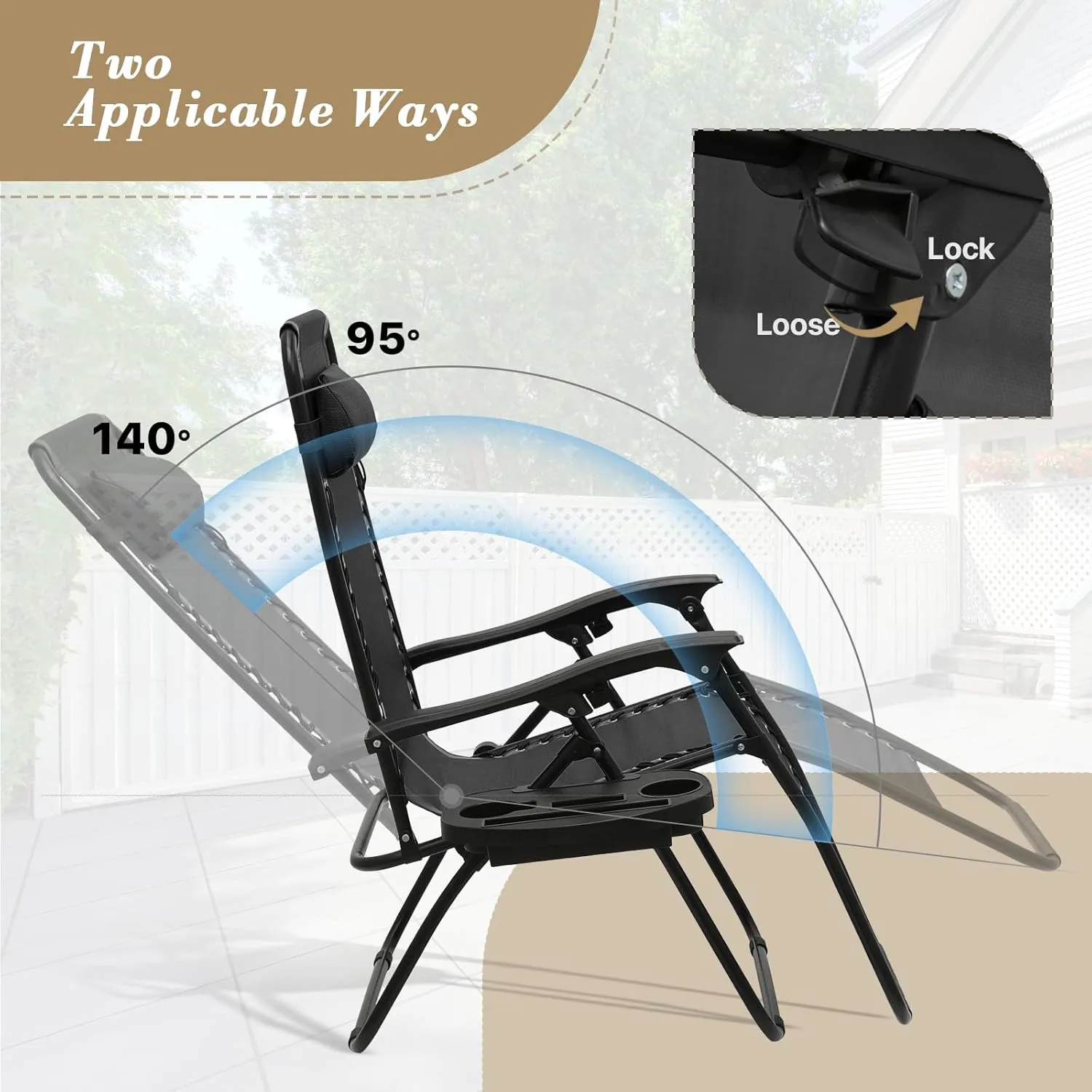 Athena Collection Zero Gravity Chair, Outdoor Lounge Chair with Adjustable Pillow and Cup Holder, Reclining Camping Chair for Outside Beach Lawn Garden Patio Poolside Set of 2 - Black