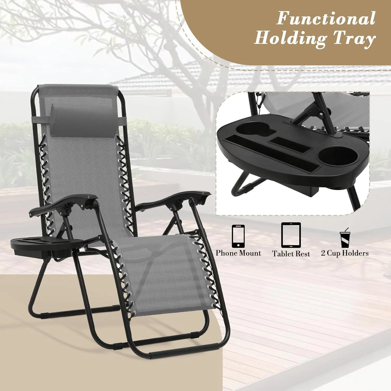 Athena Collection Zero Gravity Chair, Outdoor Lounge Chair with Adjustable Pillow and Cup Holder, Reclining Camping Chair for Outside Beach Lawn Garden Patio Poolside Set of 2- Grey