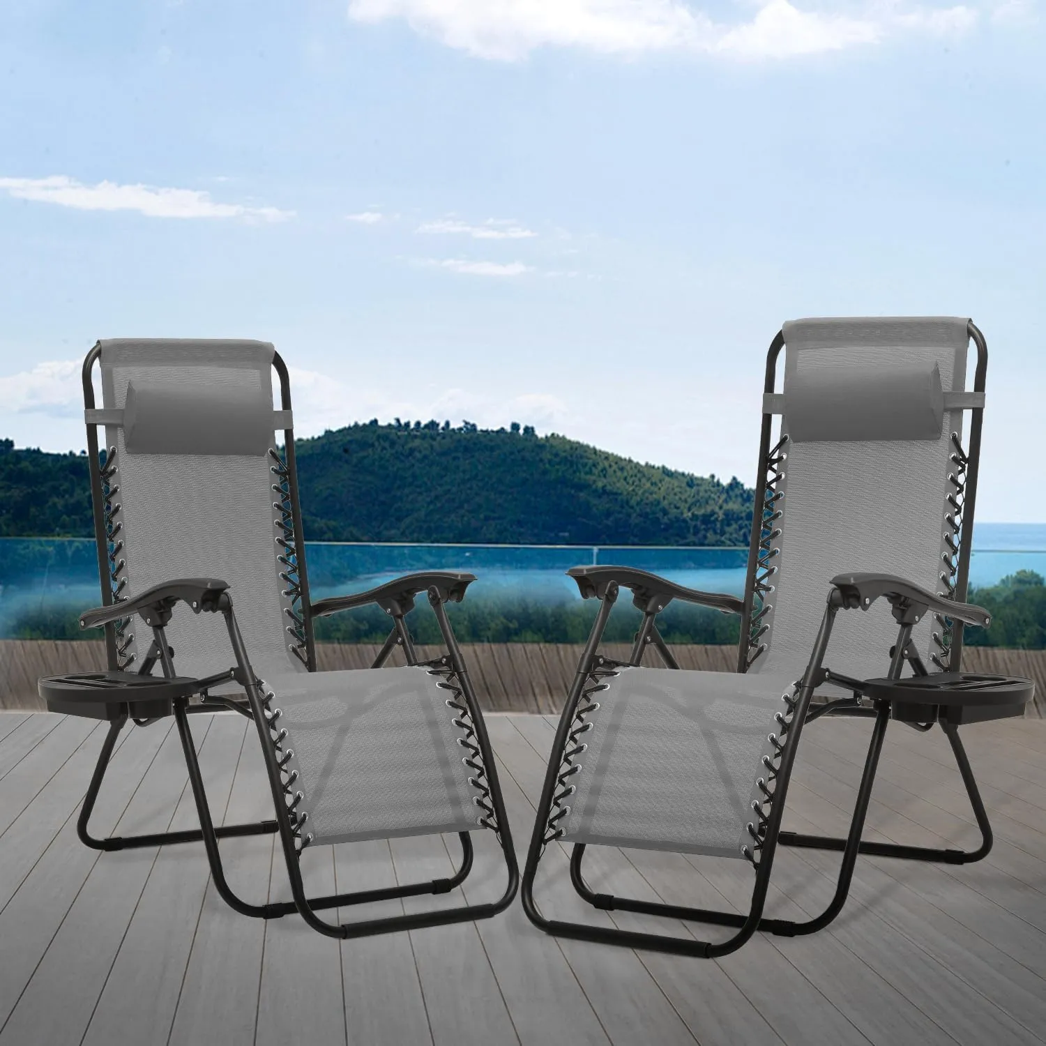 Athena Collection Zero Gravity Chair, Outdoor Lounge Chair with Adjustable Pillow and Cup Holder, Reclining Camping Chair for Outside Beach Lawn Garden Patio Poolside Set of 2- Grey