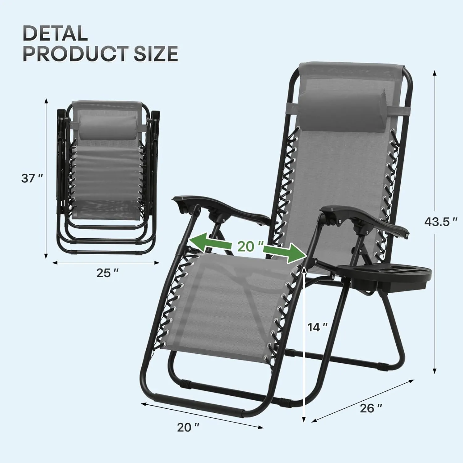 Athena Collection Zero Gravity Chair, Outdoor Lounge Chair with Adjustable Pillow and Cup Holder, Reclining Camping Chair for Outside Beach Lawn Garden Patio Poolside Set of 2- Grey