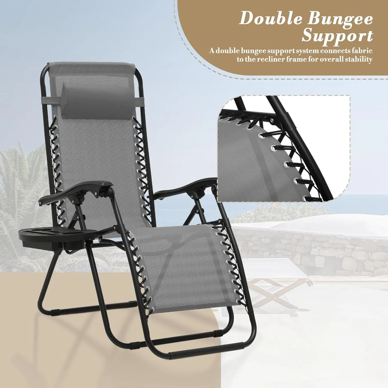 Athena Collection Zero Gravity Chair, Outdoor Lounge Chair with Adjustable Pillow and Cup Holder, Reclining Camping Chair for Outside Beach Lawn Garden Patio Poolside Set of 2- Grey
