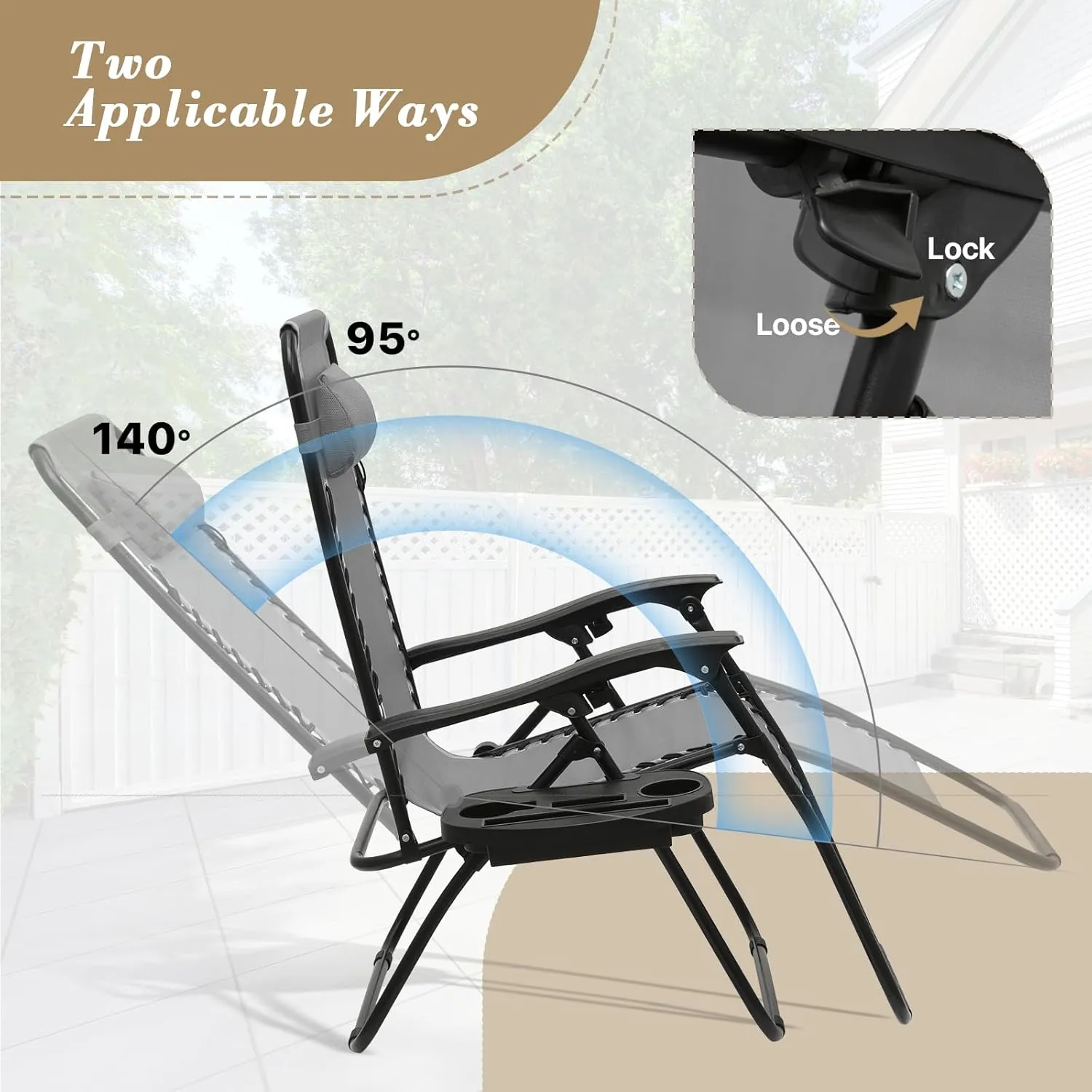Athena Collection Zero Gravity Chair, Outdoor Lounge Chair with Adjustable Pillow and Cup Holder, Reclining Camping Chair for Outside Beach Lawn Garden Patio Poolside Set of 2- Grey