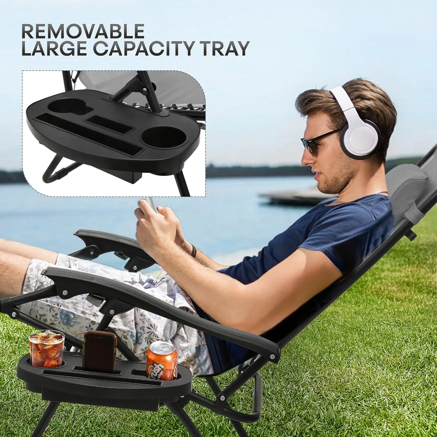 Athena Collection Zero Gravity Chair, Outdoor Lounge Chair with Adjustable Pillow and Cup Holder, Reclining Camping Chair for Outside Beach Lawn Garden Patio Poolside Set of 2- Grey