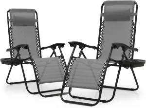 Athena Collection Zero Gravity Chair, Outdoor Lounge Chair with Adjustable Pillow and Cup Holder, Reclining Camping Chair for Outside Beach Lawn Garden Patio Poolside Set of 2- Grey