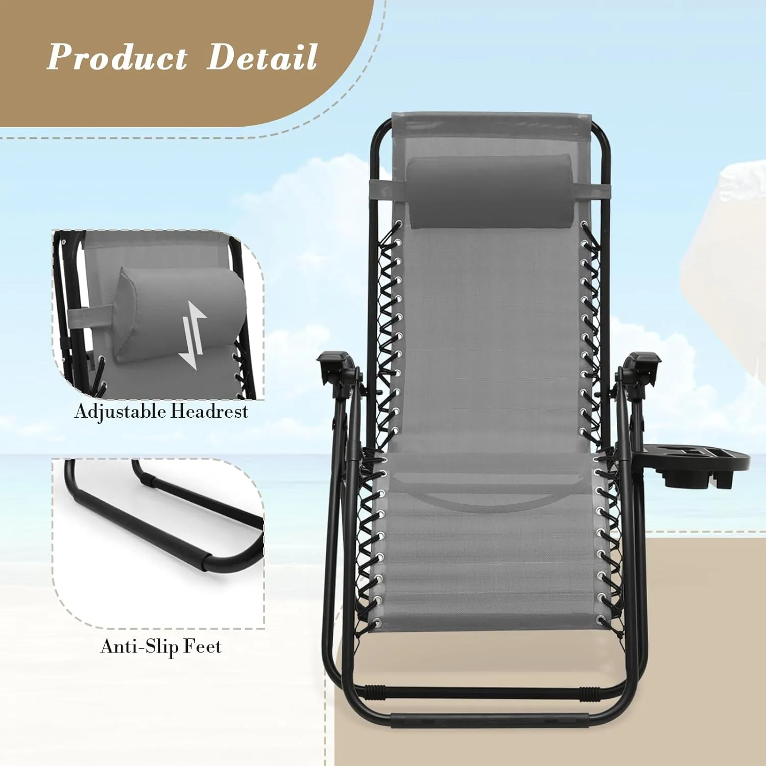Athena Collection Zero Gravity Chair, Outdoor Lounge Chair with Adjustable Pillow and Cup Holder, Reclining Camping Chair for Outside Beach Lawn Garden Patio Poolside Set of 2- Grey