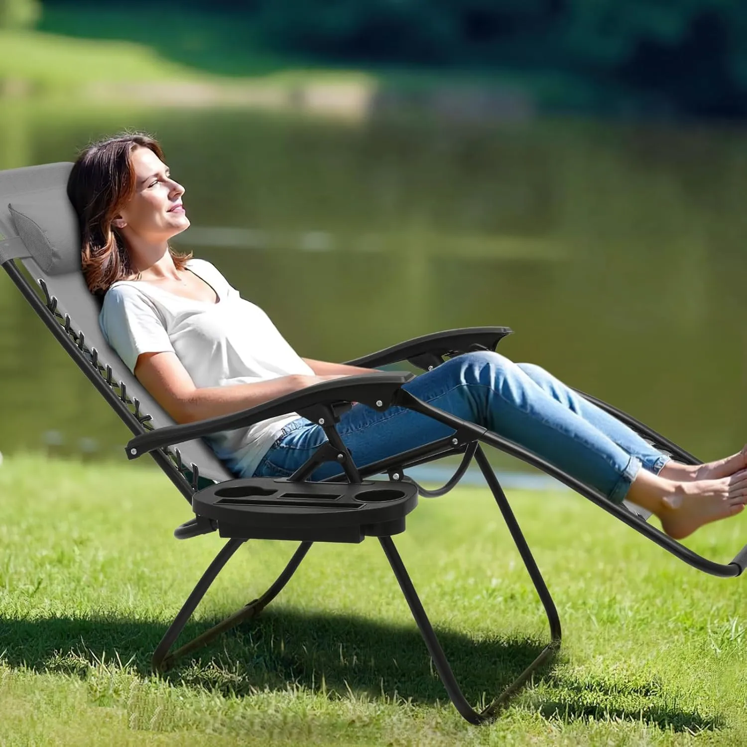 Athena Collection Zero Gravity Chair, Outdoor Lounge Chair with Adjustable Pillow and Cup Holder, Reclining Camping Chair for Outside Beach Lawn Garden Patio Poolside Set of 2- Grey