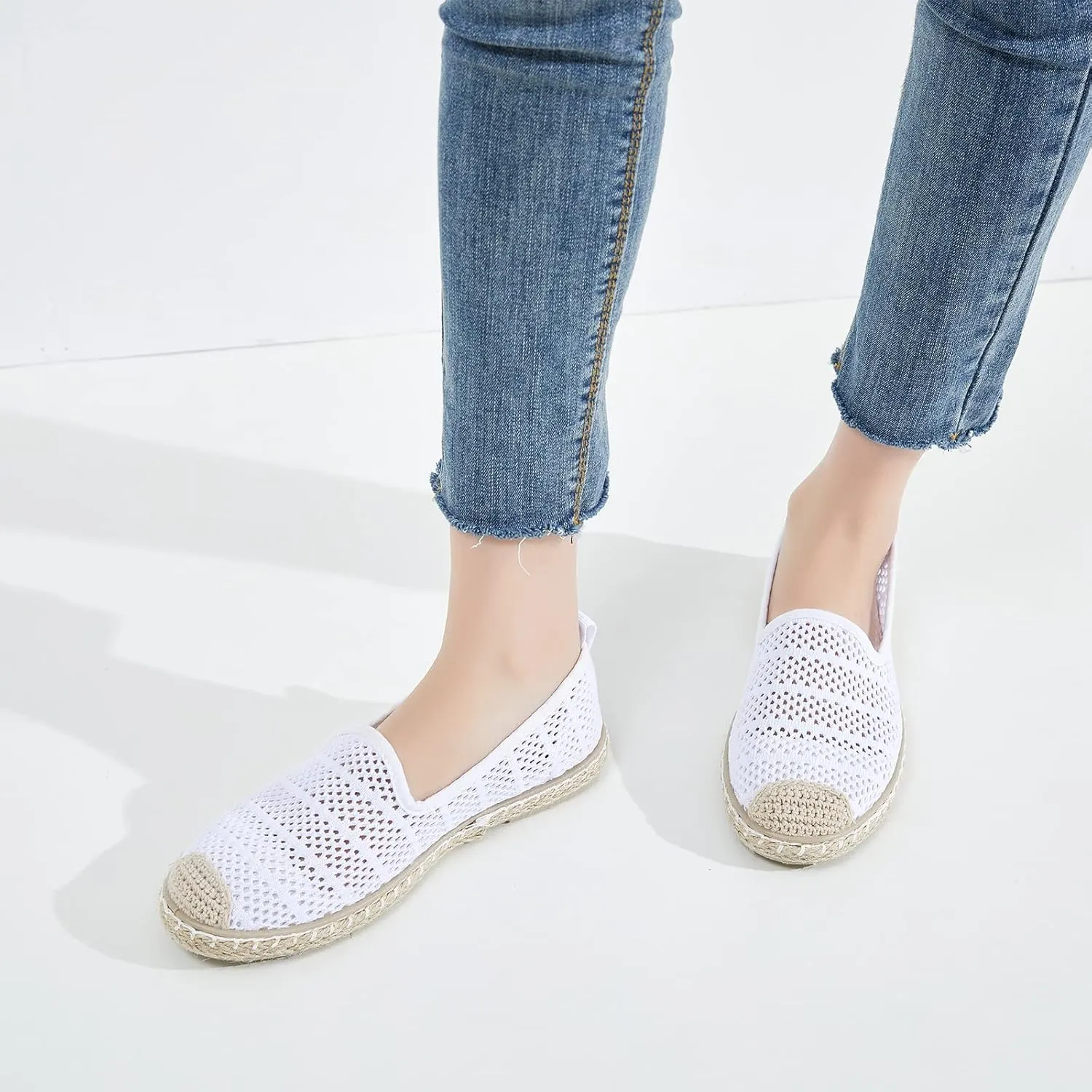 BABUDOG Women's Breathable Mesh Flats Shoes, Soft Loafers Flats, White Slip on Shoes Loafer