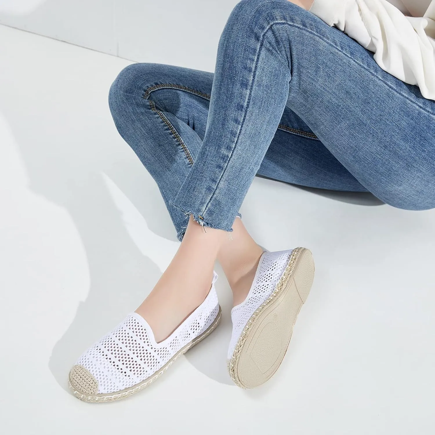 BABUDOG Women's Breathable Mesh Flats Shoes, Soft Loafers Flats, White Slip on Shoes Loafer