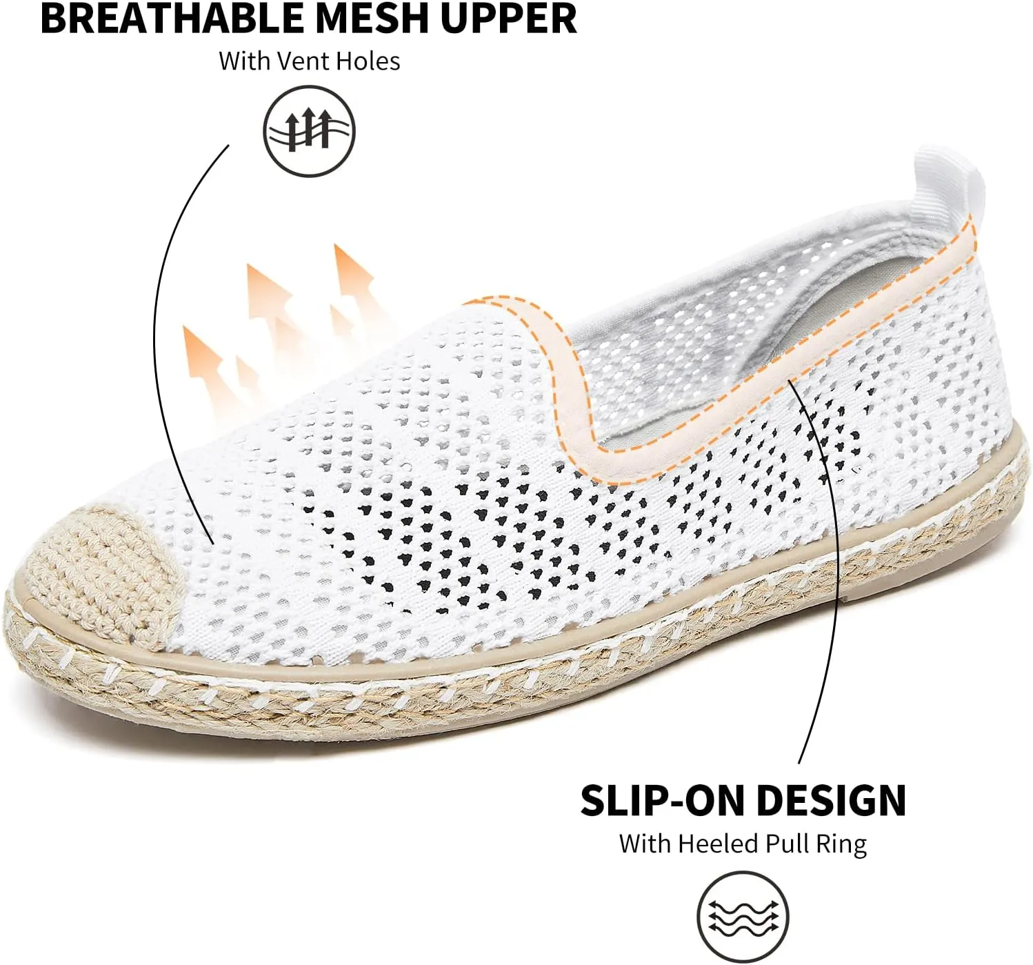 BABUDOG Women's Breathable Mesh Flats Shoes, Soft Loafers Flats, White Slip on Shoes Loafer